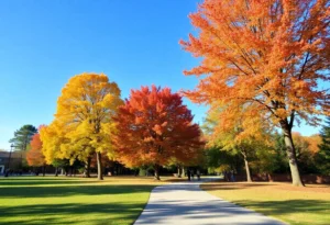 A picturesque scene depicting bright blue skies and colorful foliage in Rock Hill, South Carolina