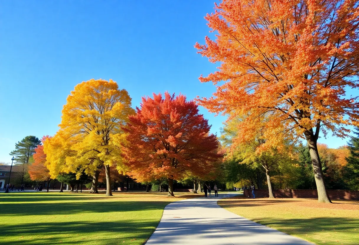 A picturesque scene depicting bright blue skies and colorful foliage in Rock Hill, South Carolina