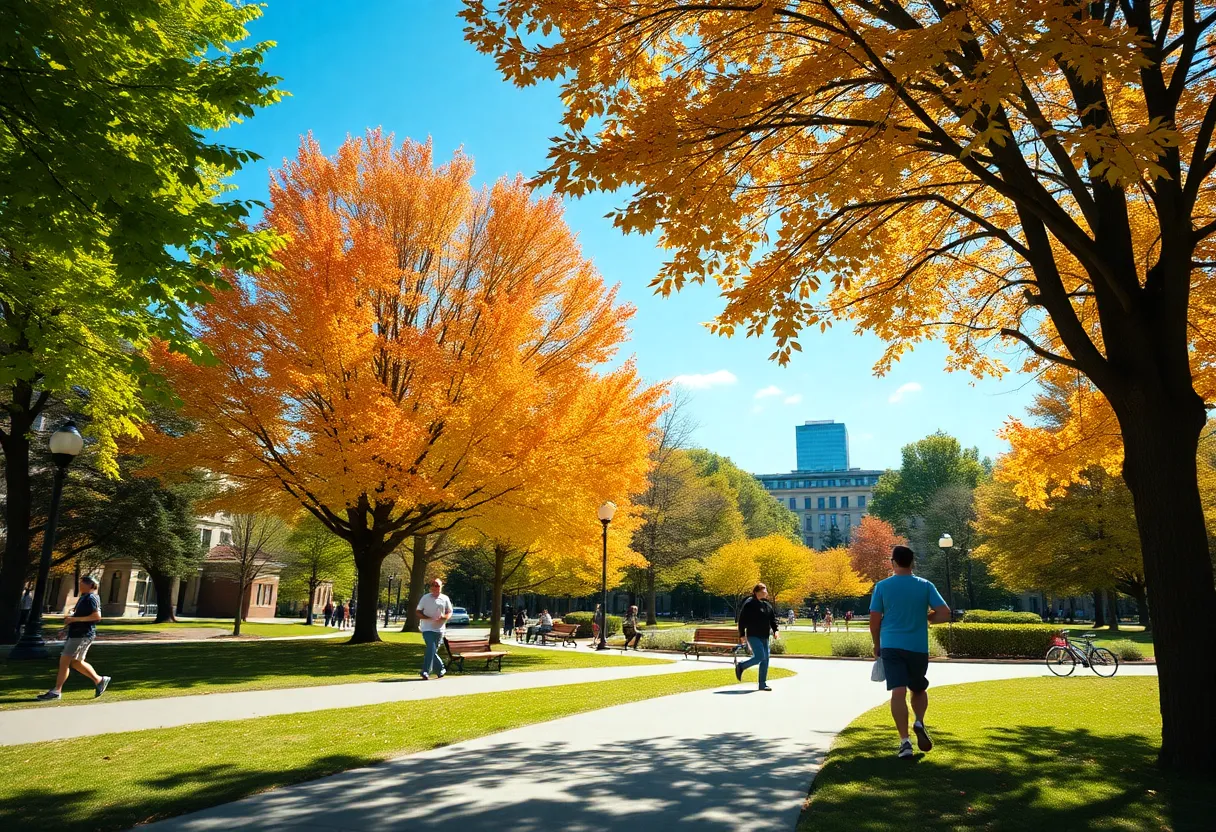 Clear sunny skies over a park in Rock Hill SC during autumn