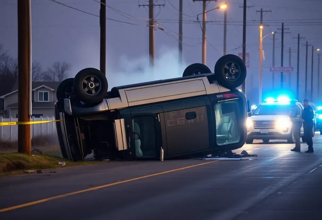 Aftermath of a rollover crash with police and utility poles in Fairview Township.
