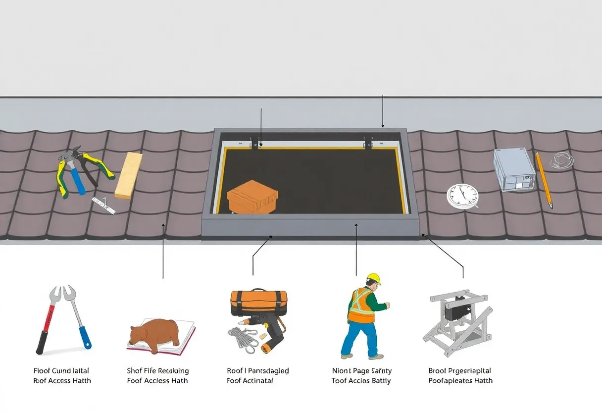 A DIY enthusiast installing a roof access hatch on a building rooftop.