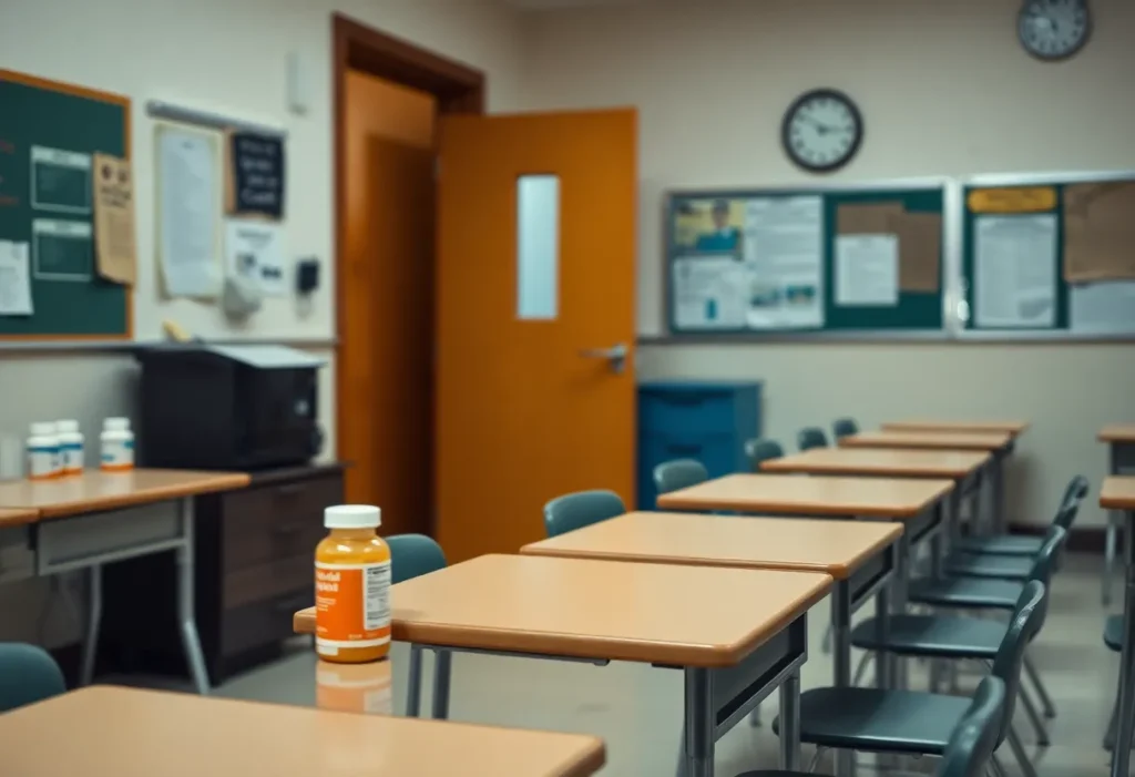 An image of a school nurse's office with medication bottles, symbolizing the seriousness of theft allegations.