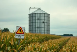An agricultural silo with warning signs about silo gas hazards