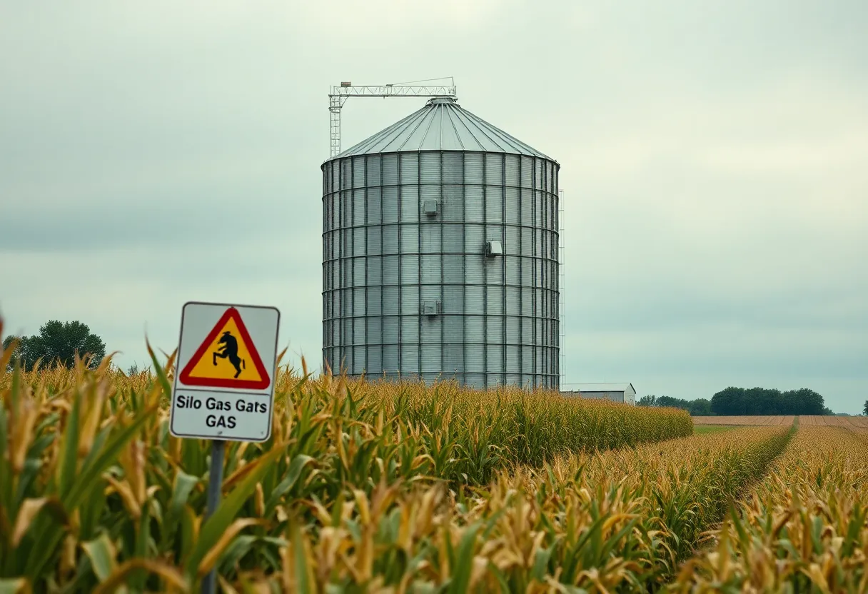 An agricultural silo with warning signs about silo gas hazards