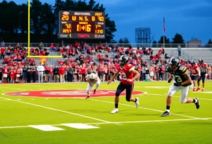 A dynamic scene from the football game between South Pointe Stallions and Camden Bulldogs.
