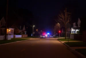 Police lights at night in Stockton after a shooting incident.