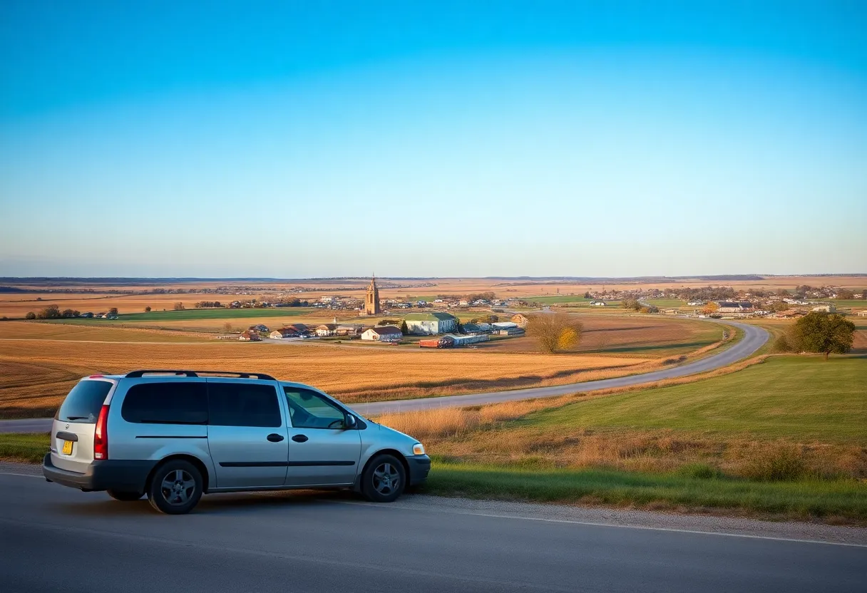 Scenic landscape of Swanton, Nebraska with a parked minivan