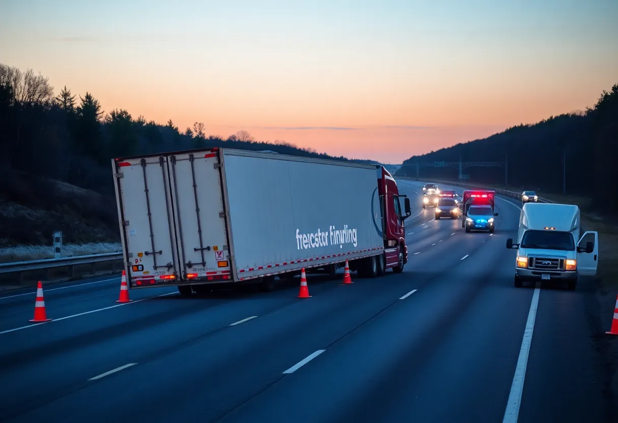 Flipped tractor-trailer blocking highway