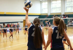 Players from UNC Asheville in action during a volleyball match.