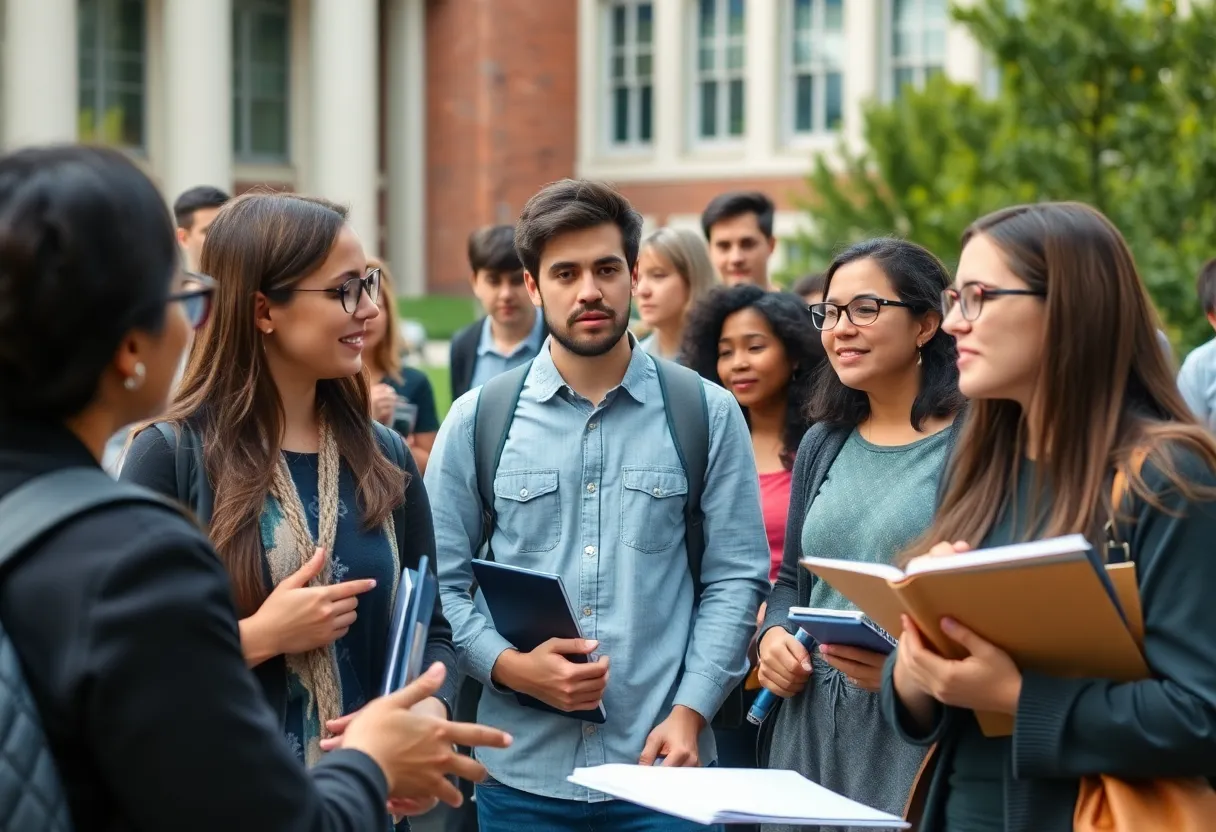 University campus with students discussing topics of free speech