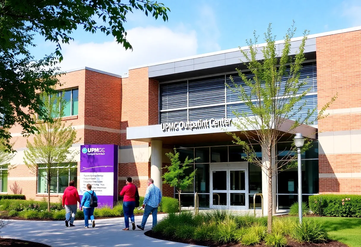 Exterior view of UPMC Outpatient Center featuring neurological services signage.