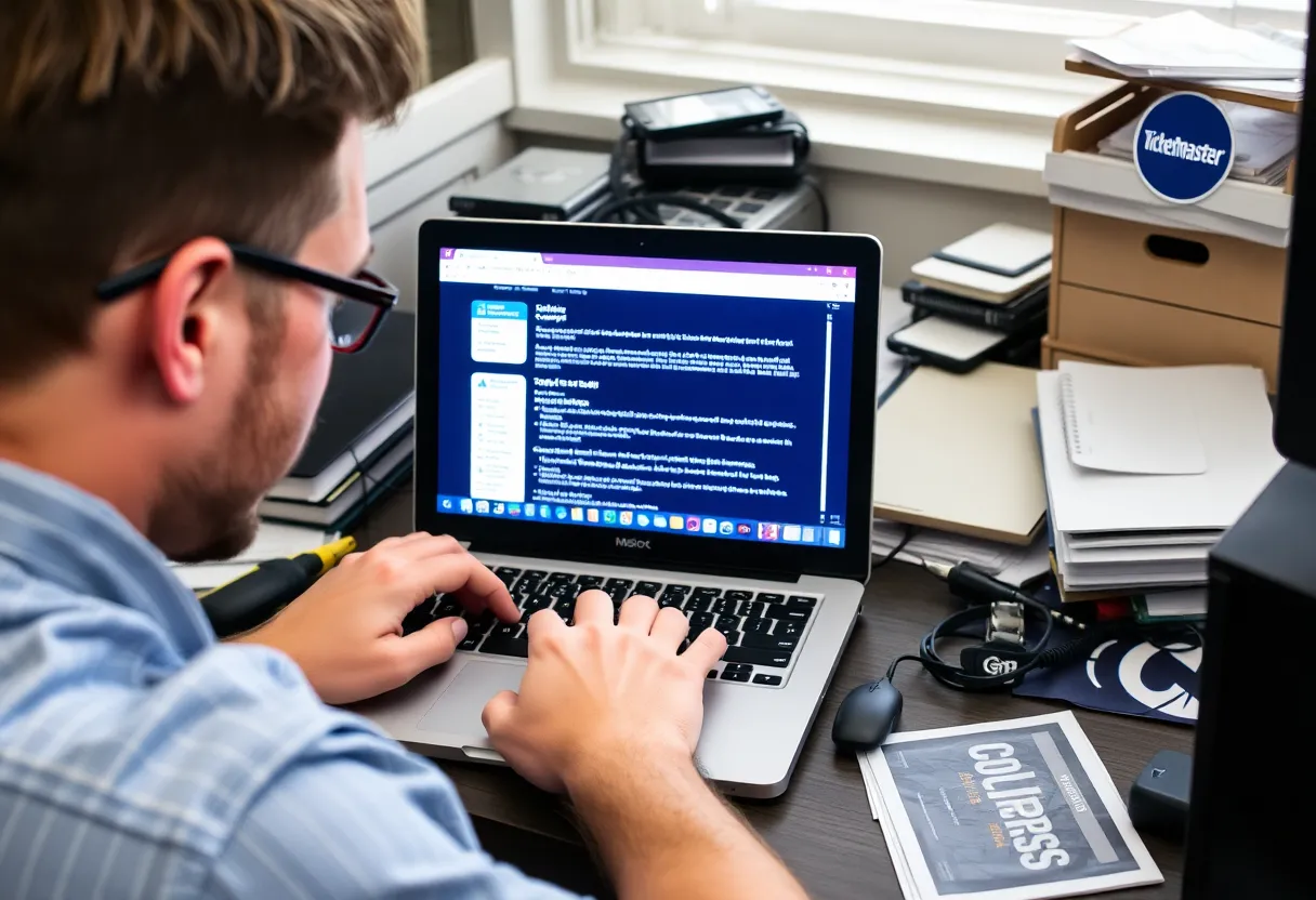 Frustrated user and a laptop displaying TicketMaster error message