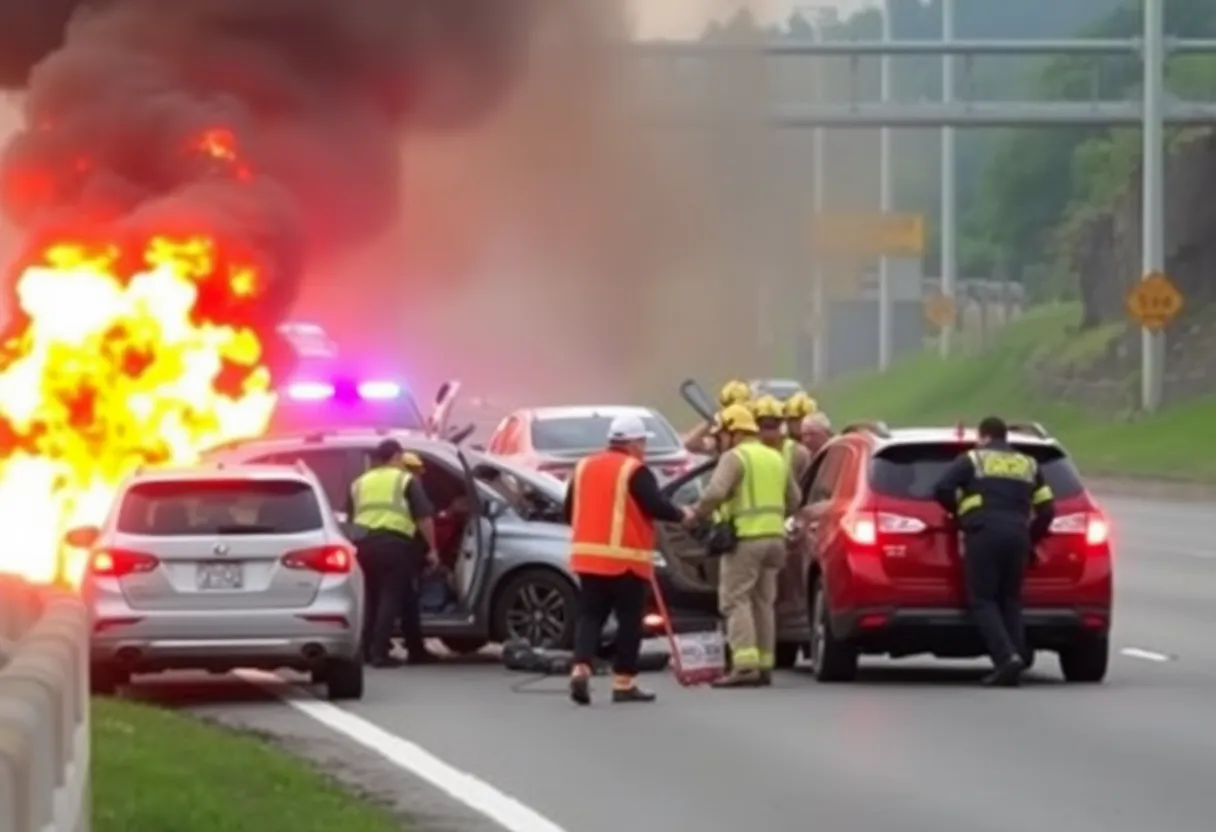 Accident scene on Interstate 83 with responders and damaged vehicle.