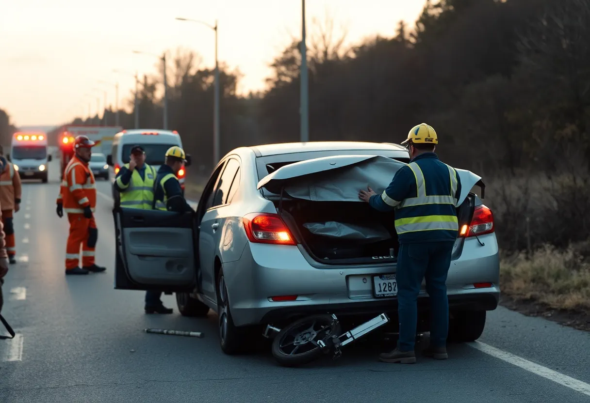 Emergency responders assisting victims at a vehicle crash scene