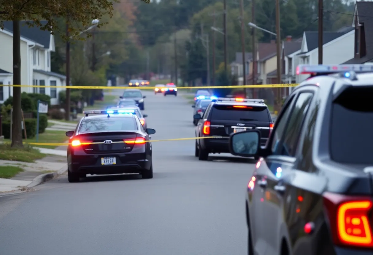 Police vehicles parked in a quiet neighborhood after a double homicide investigation.