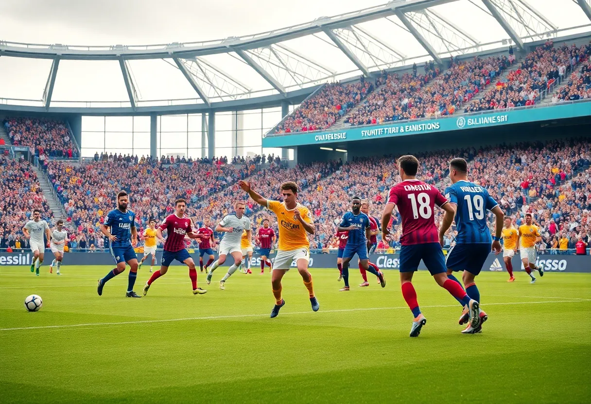 Players of the Winthrop University men's soccer team in action during a match.