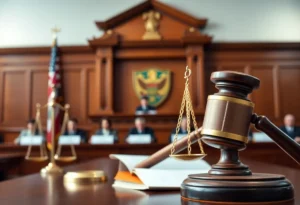 Courtroom scene depicting a university legal case