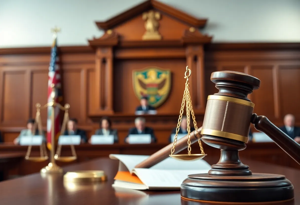 Courtroom scene depicting a university legal case