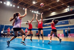 Volleyball players in action during a match