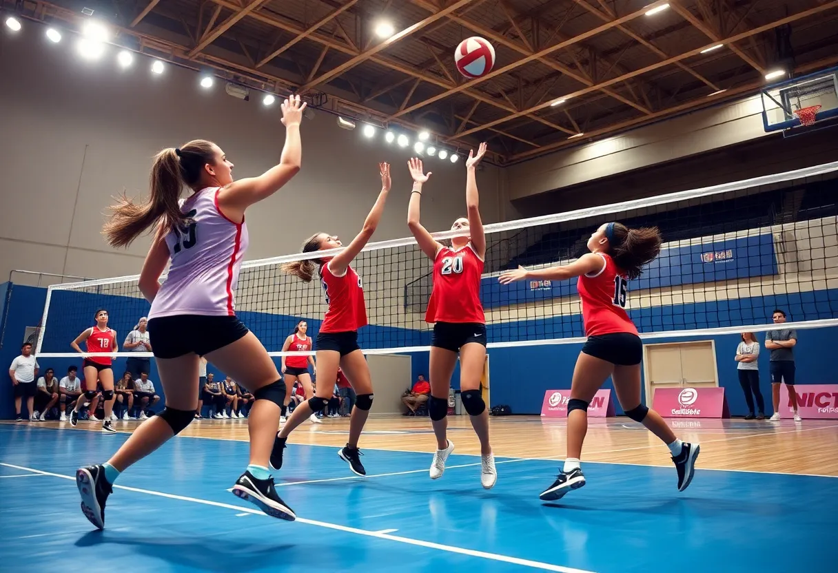 Volleyball players in action during a match