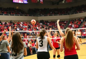 Winthrop University volleyball players competing in a match at Winthrop Coliseum.