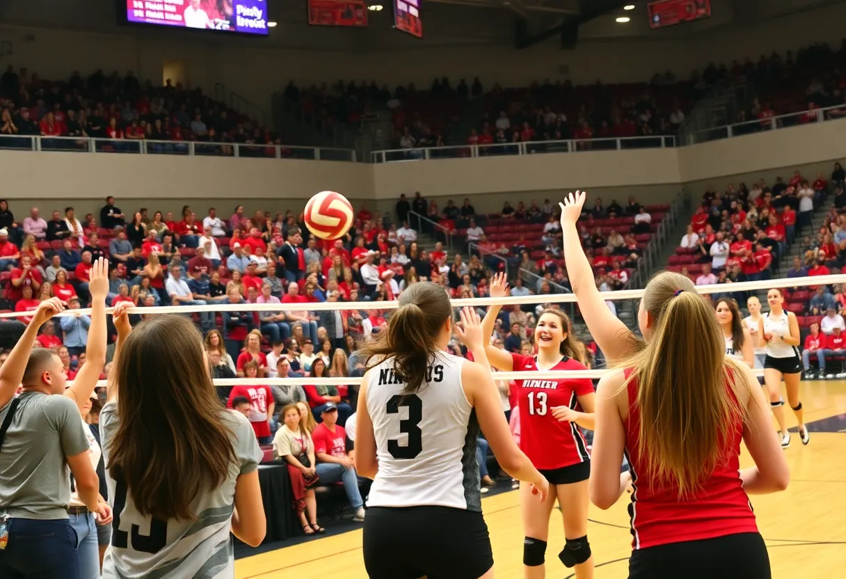 Winthrop University volleyball players competing in a match at Winthrop Coliseum.