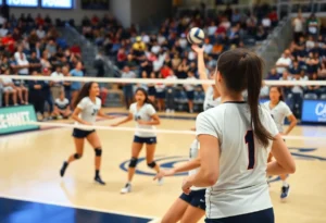 Winthrop Volleyball team in action during a match against Charleston Southern