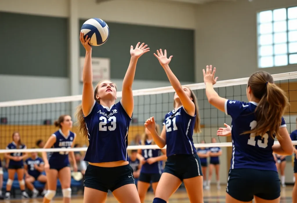 Winthrop volleyball players competing in a match against Radford.