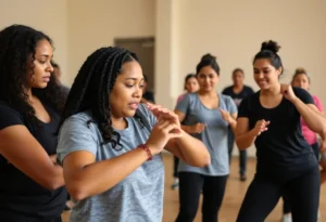 Women engaged in a self-defense training session showcasing various techniques
