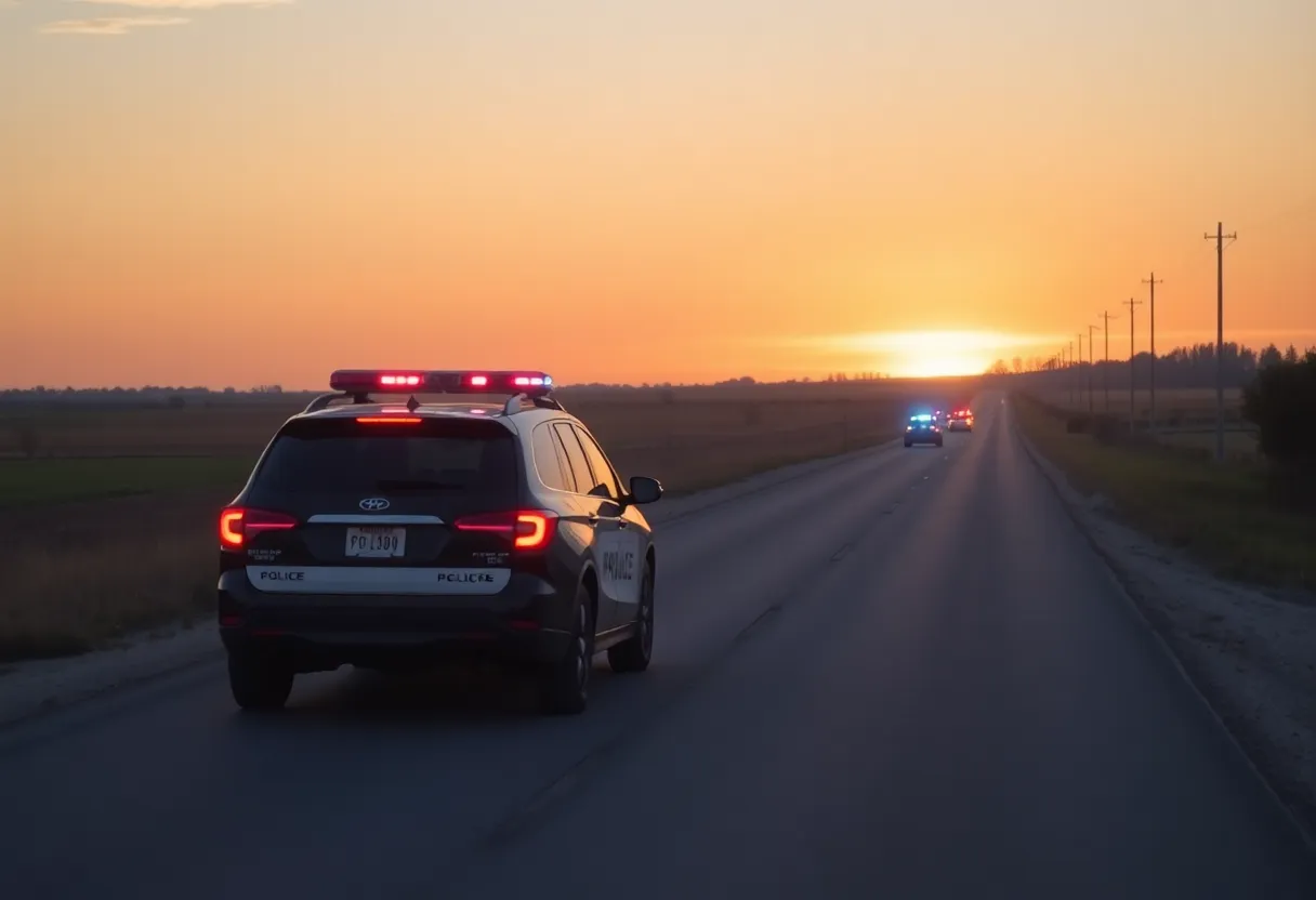 Police vehicles on a rural road during a police chase