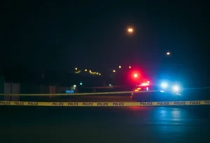 Police lights illuminating a street during a homicide investigation in York.