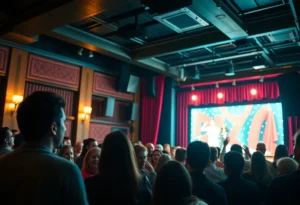 Audience enjoying a comedy show with Anthony Zenhauser on stage