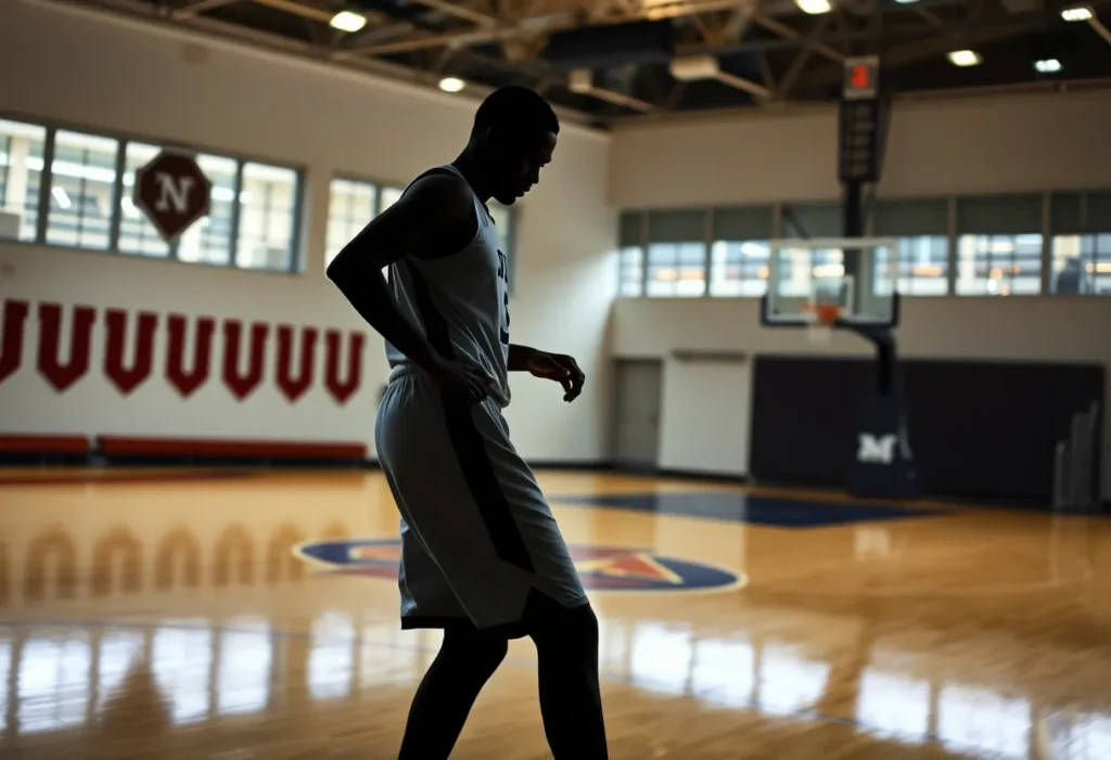 Basketball court featuring a silhouette of a player celebrating a commitment.