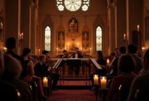 String quartet performing under candlelight at the Tribute to Queen concert.
