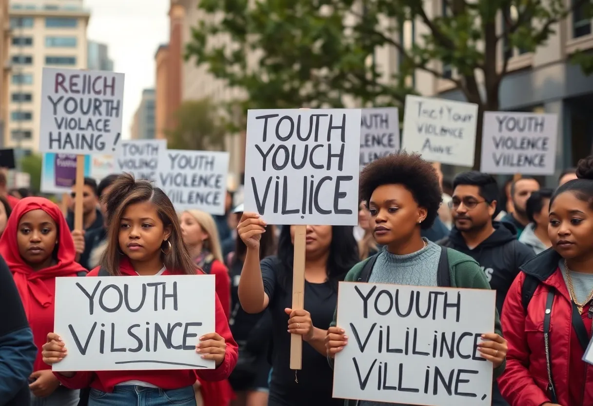 A diverse community uniting against youth violence with banners and signs.