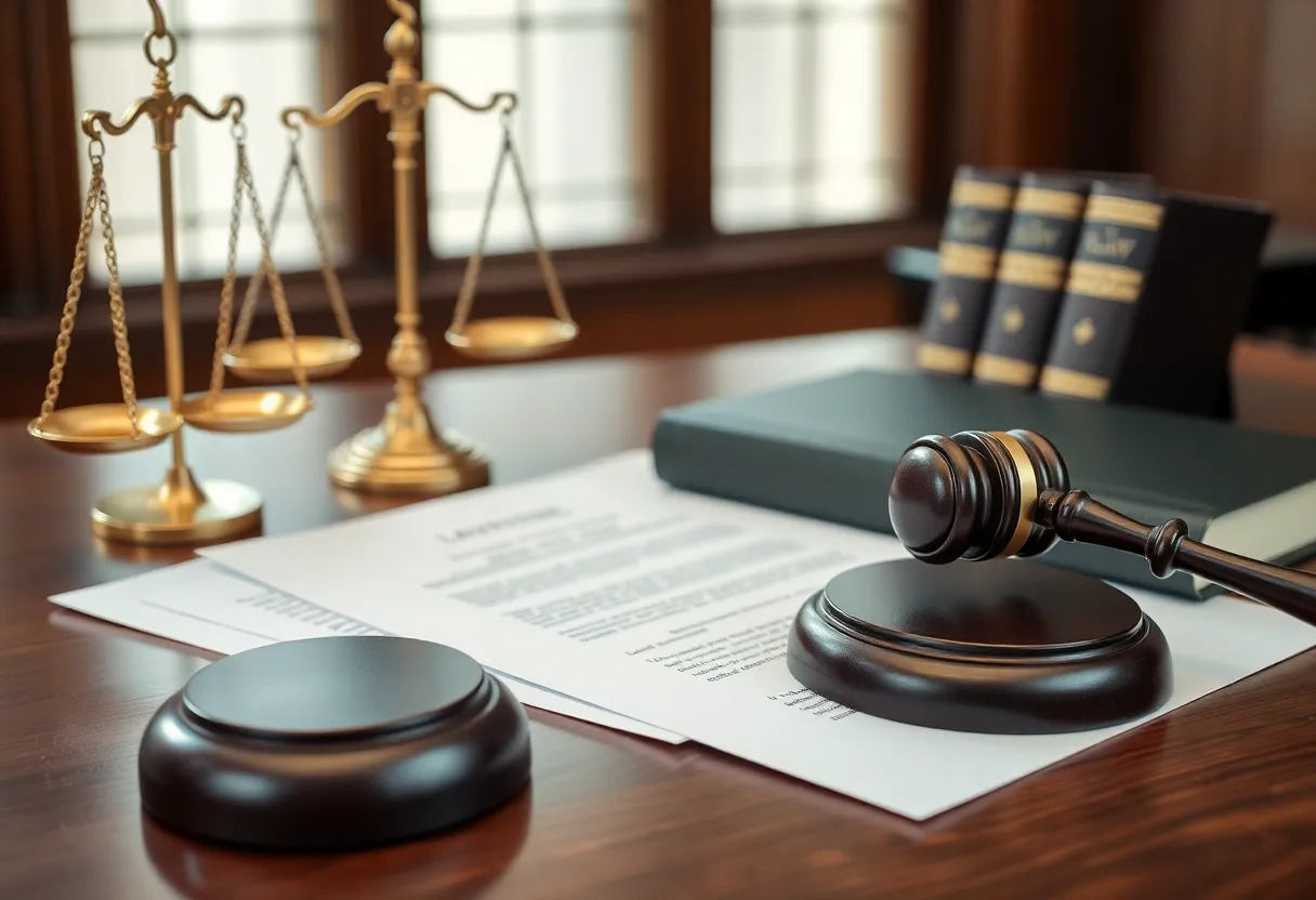 Courtroom with gavel and legal documents representing justice.