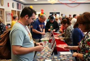 Attendees engaging in Disney pin trading at a community event