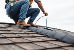 Person inspecting rooftop for repairs with safety equipment.