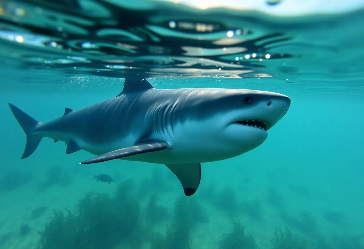 Great white shark sighting off Myrtle Beach with seaweed in the ocean.