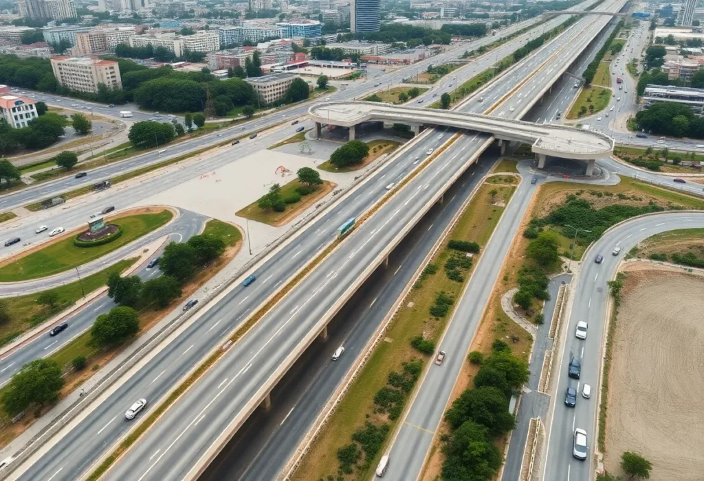 Aerial view of I-77 highway construction with express lanes being added.