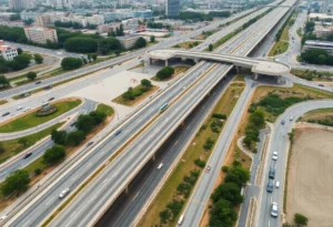 Aerial view of I-77 highway construction with express lanes being added.