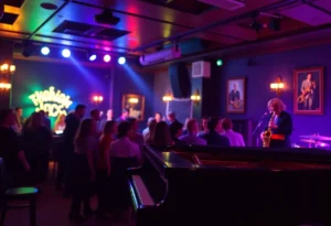 A jazz pianist performing in an intimate club setting.