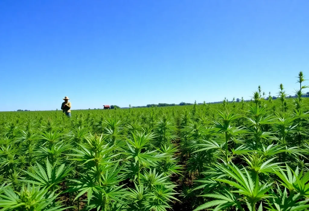 A lush hemp field in North Carolina with farmers working among the plants.