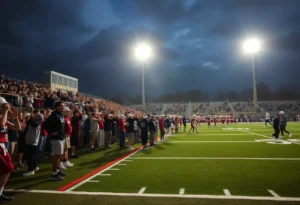 Football teams Northwestern Trojans and Gaffney Indians playing under stadium lights
