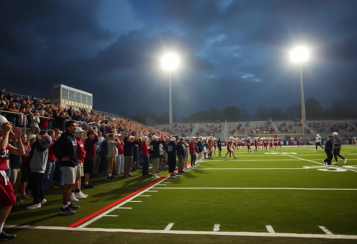 Football teams Northwestern Trojans and Gaffney Indians playing under stadium lights