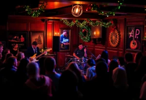 A band performing at a concert in an intimate venue.