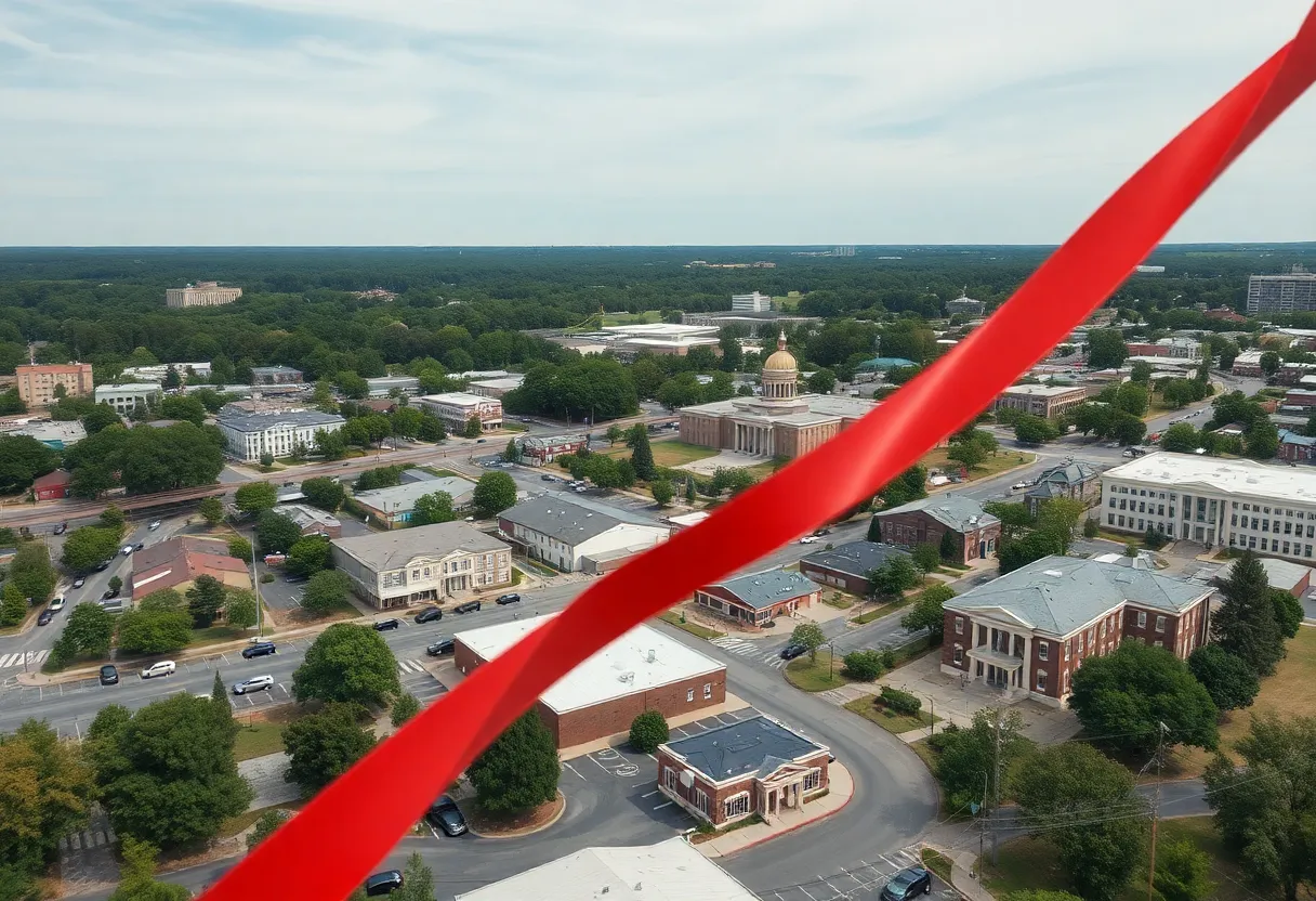 Aerial view of Rock Hill SC showing businesses and government buildings.