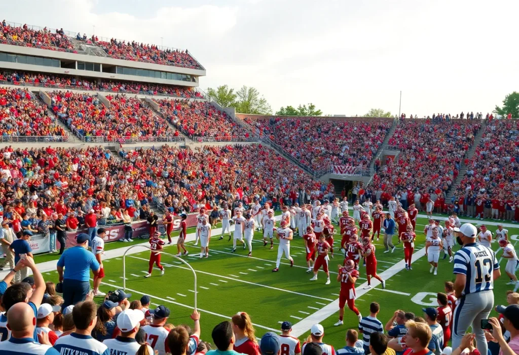 Fans cheering in a packed stadium during high school football playoffs.