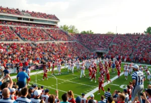 Fans cheering in a packed stadium during high school football playoffs.
