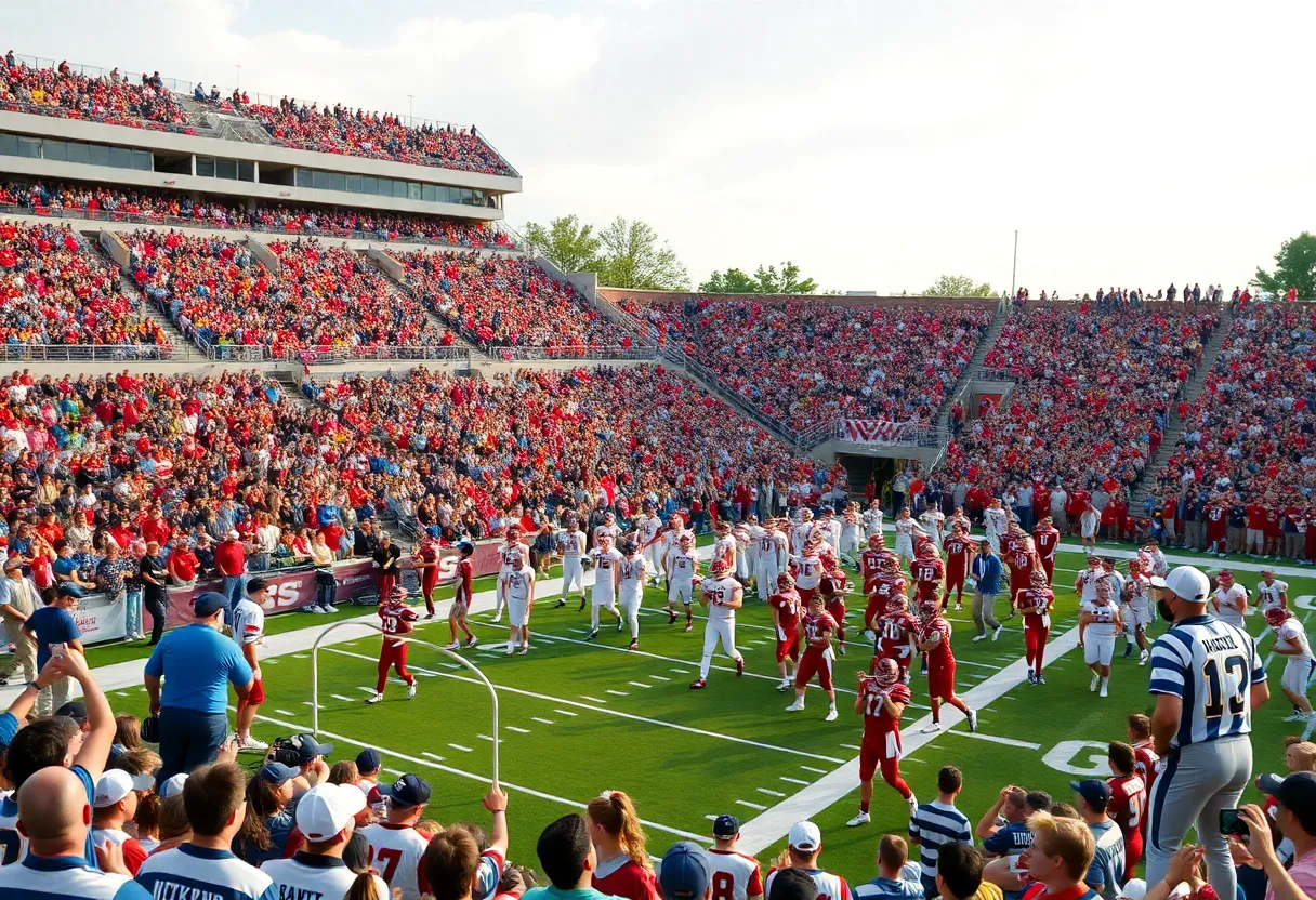 Fans cheering in a packed stadium during high school football playoffs.